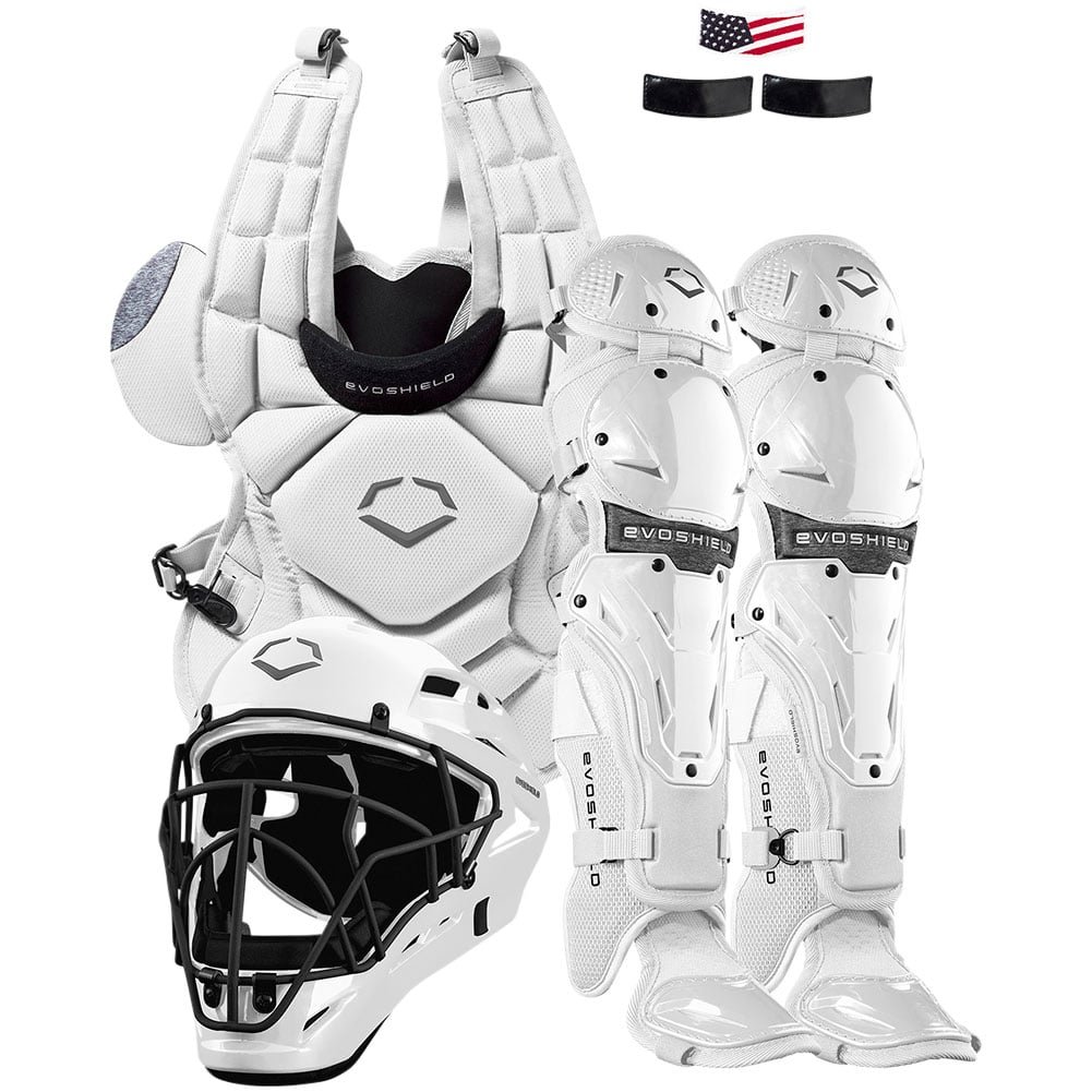 EvoShield G2S intermediate fastpitch catcher's set: chest protector, helmet and leg guards in white (Play Baseball product photo)