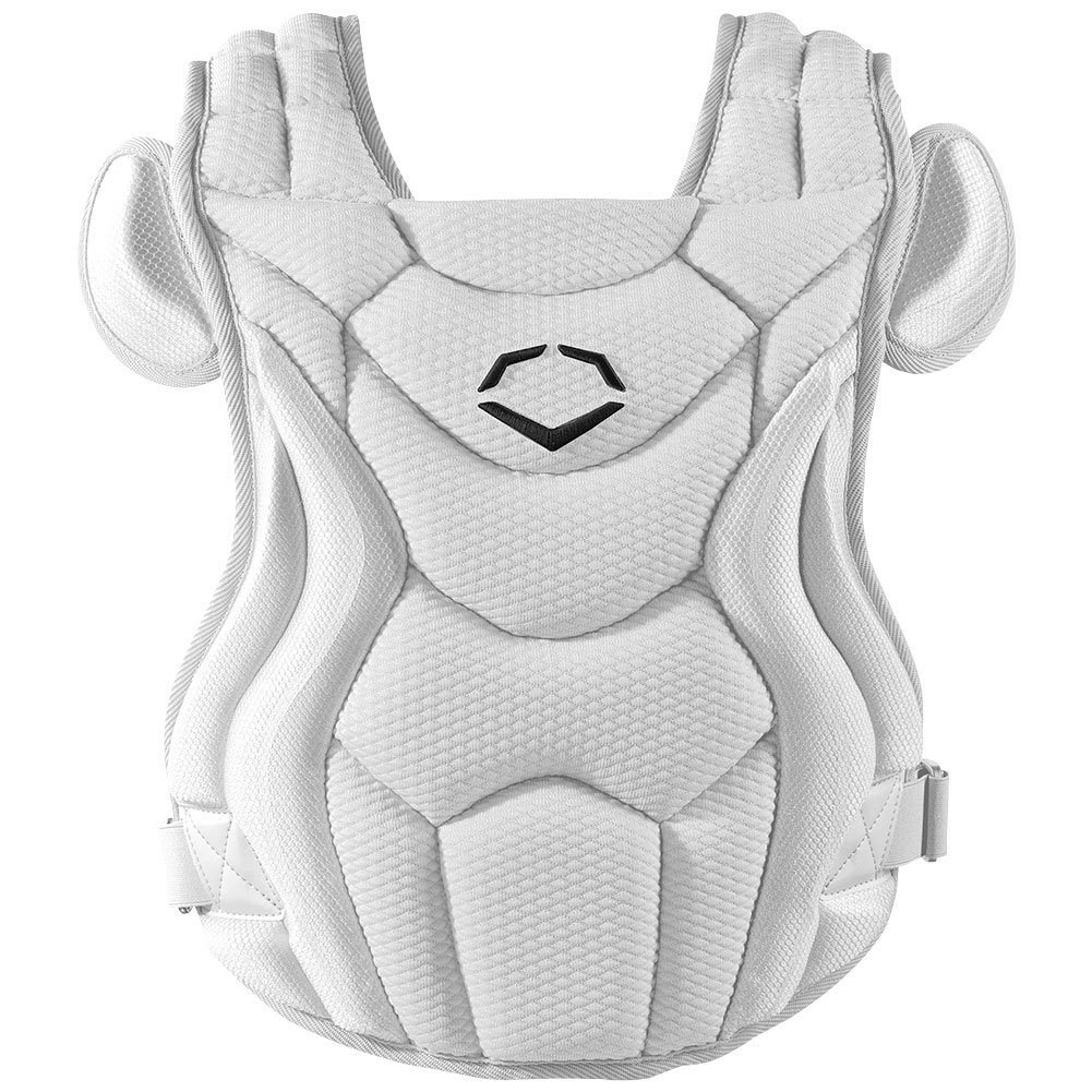 EvoShield PRO-SRZ 2.0 adult fastpitch chest protector in white, front view (Play Baseball product photo)