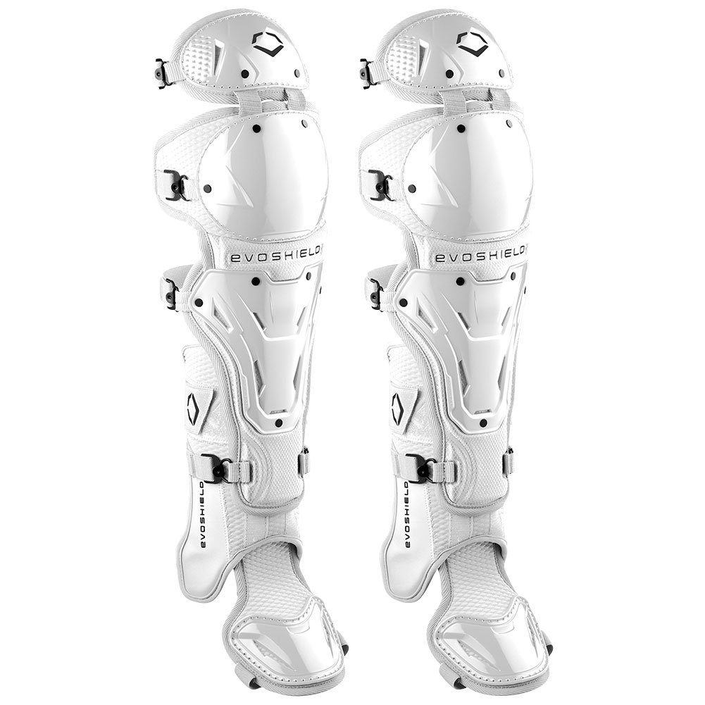 EvoShield PRO-SRZ 2.0 women's fastpitch leg guards in white, pair, front view (Play Baseball product photo)