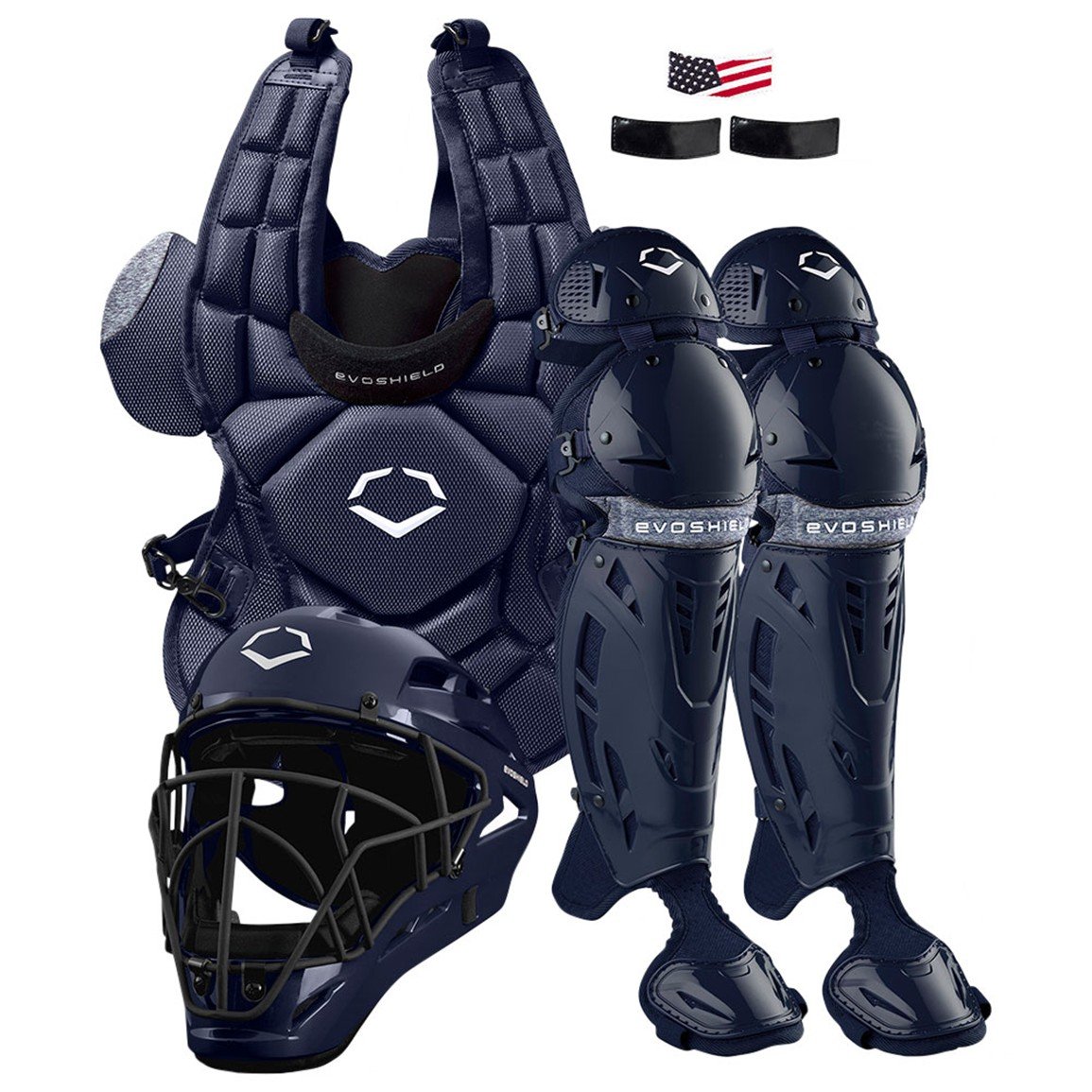 EvoShield SRZ-1 adult fastpitch catcher's set: chest protector, helmet and leg guards in navy (Play Baseball product photo)