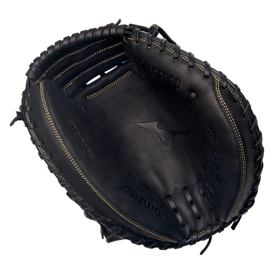 Mizuno MVP Prime catcher's mitt in all-black leather with gold stitching, front view
