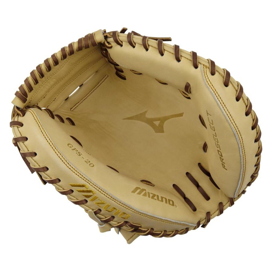 Mizuno Pro Select GPS-20 catcher's mitt in cream leather with brown lacing, front view
