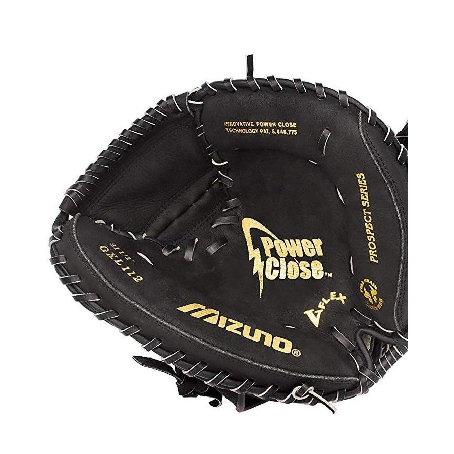 Mizuno Prospect PowerClose youth catcher's mitt in black with gold PowerClose logo, front view