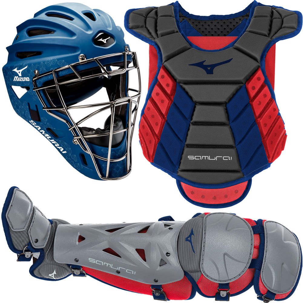 Mizuno Samurai women's fastpitch catcher's kit: helmet, chest protector and leg guards in navy and red (Play Baseball product photo)