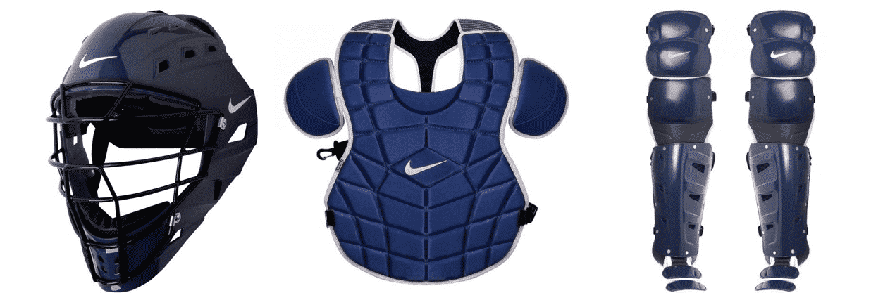 Nike DE3539 catcher's gear in navy: hockey-style helmet, chest protector and leg guards, the discontinued Nike lineup