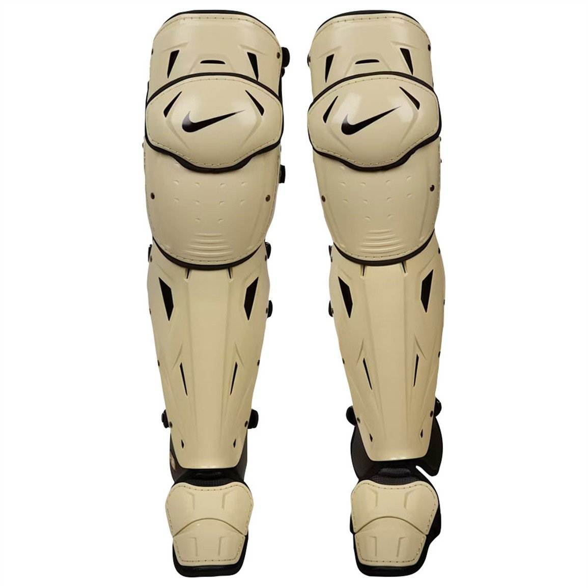 Nike Diamond Elite catcher's leg guards in tan, pair, front view (Play Baseball product photo)