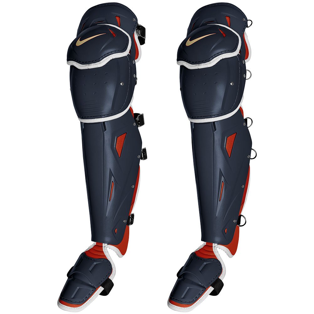 Nike limited edition Energy Elite catcher's leg guards in navy and red, pair (Play Baseball product photo)