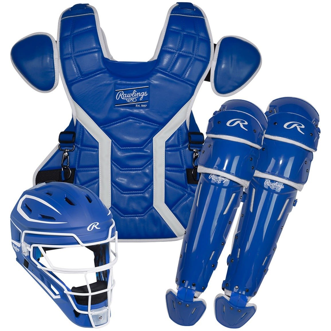 Rawlings Mach Pro adult catcher's set: helmet, chest protector and leg guards in royal blue and white (Play Baseball product photo)