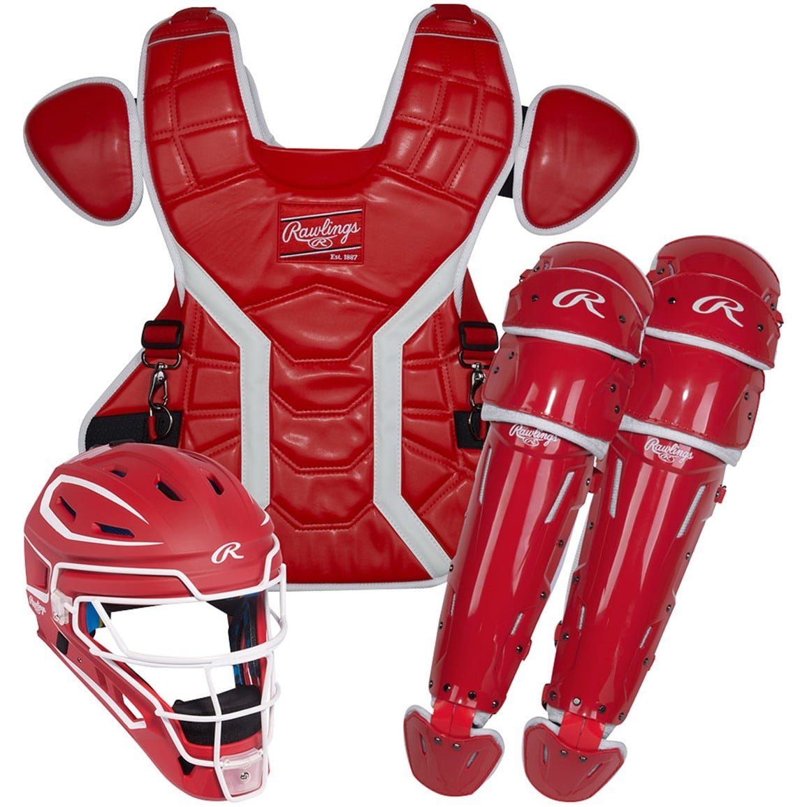 Rawlings Mach Pro intermediate catcher's set: helmet, chest protector and leg guards in scarlet and white (Play Baseball product photo)
