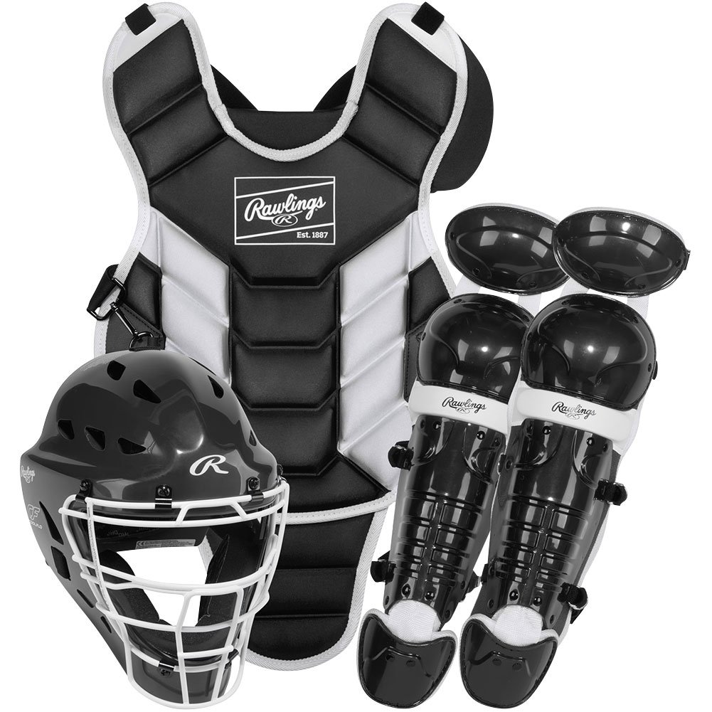 Rawlings Players 3 Series T-ball catcher's set: chest protector, helmet and leg guards in black and white (Play Baseball product photo)