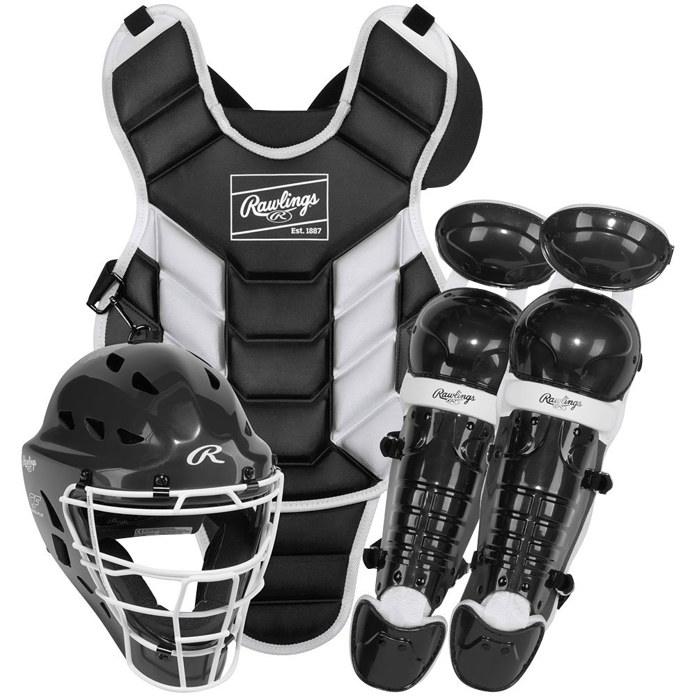 Rawlings Players 3 Series youth catcher's set: chest protector, helmet and leg guards in black and white (Play Baseball product photo)