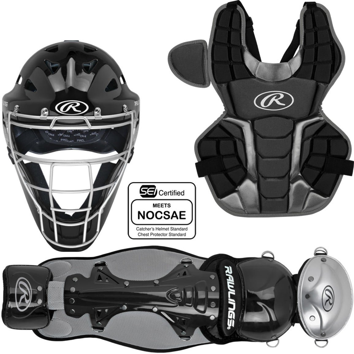 Rawlings Renegade 2.0 adult catcher's set: helmet, chest protector and leg guards in black (Play Baseball product photo)