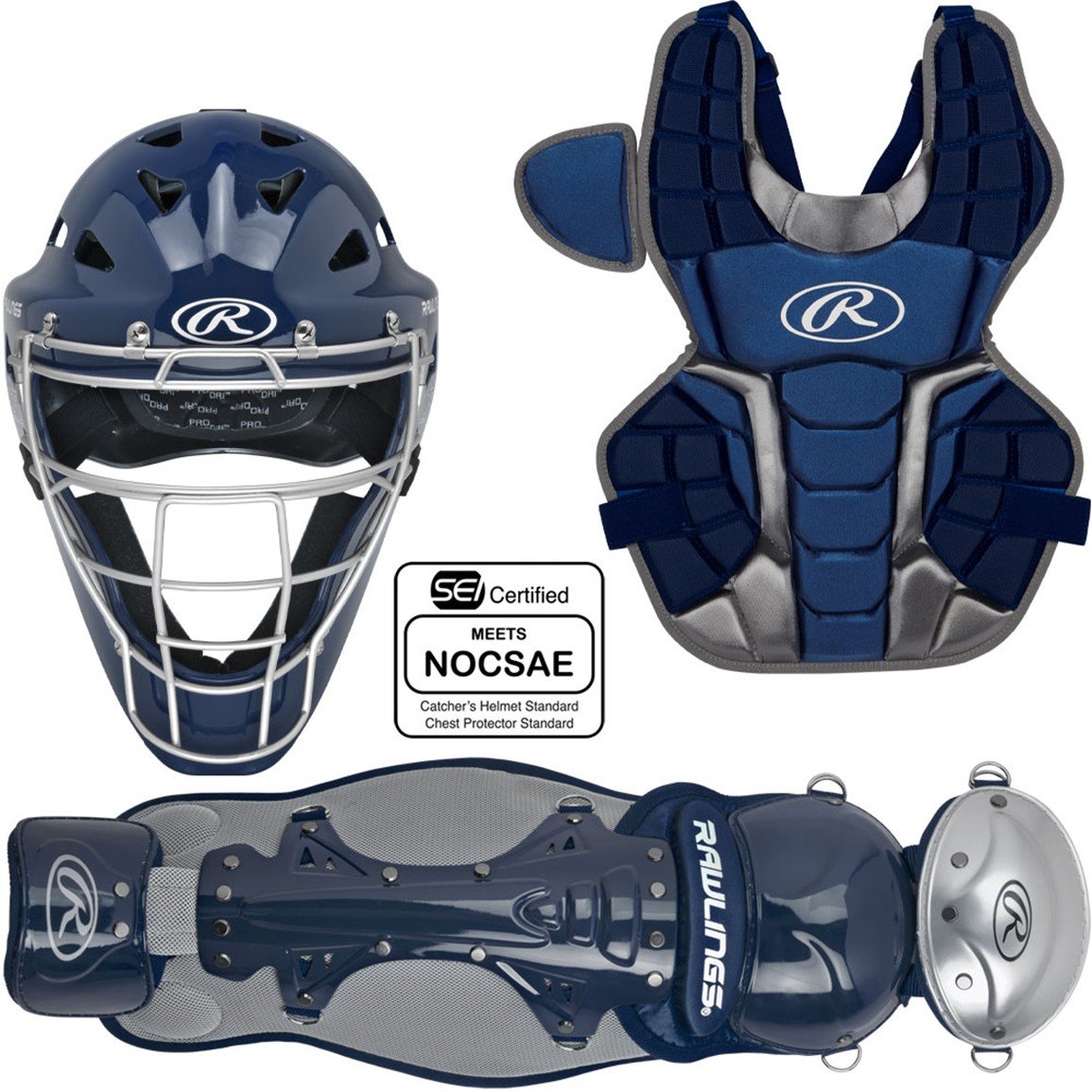 Rawlings Renegade 2.0 intermediate catcher's set: helmet, chest protector and leg guards in navy (Play Baseball product photo)