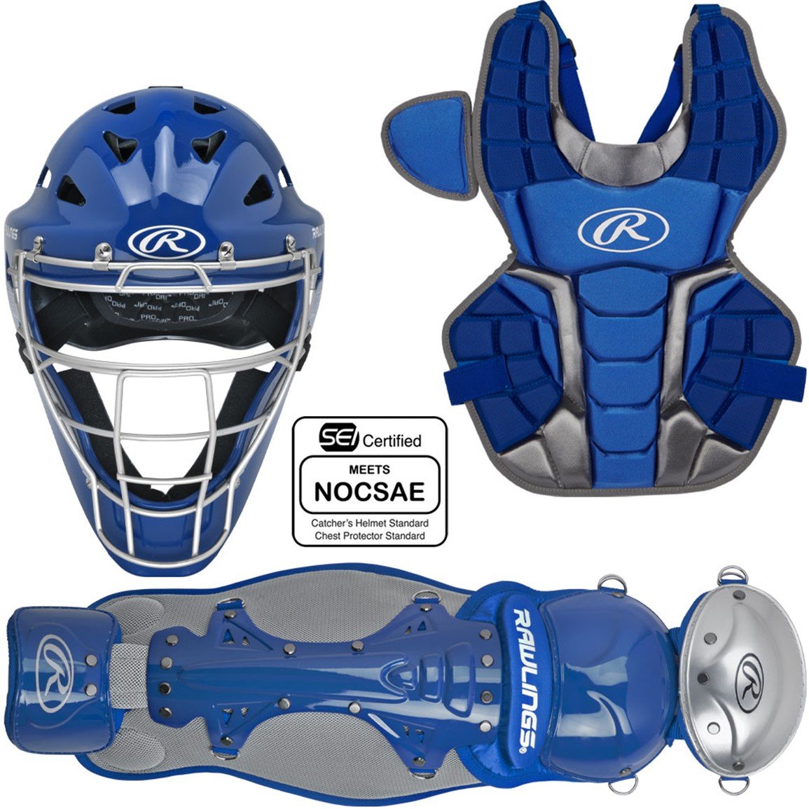 Rawlings Renegade 2.0 youth catcher's set: helmet, chest protector and leg guards in royal blue (Play Baseball product photo)