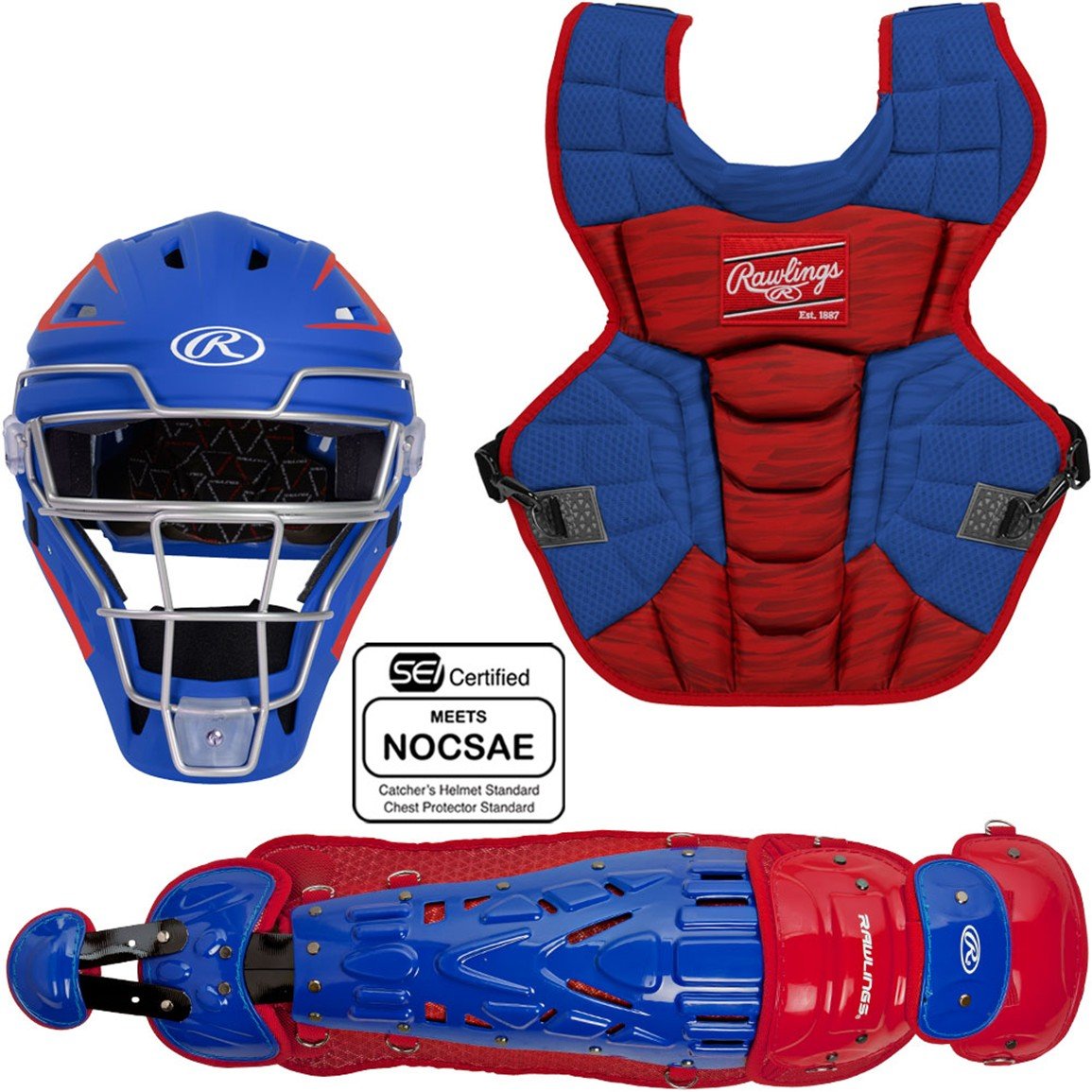 Rawlings Velo 2.0 adult catcher's set: helmet, chest protector and leg guards in royal blue and scarlet (Play Baseball product photo)