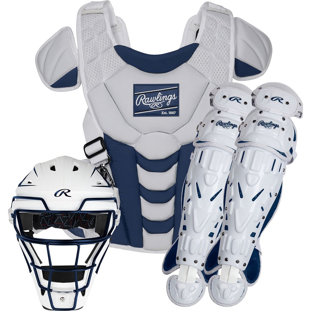 Rawlings Velo 2.0 fastpitch catcher's set: helmet, chest protector and leg guards in navy and white (Play Baseball product photo)