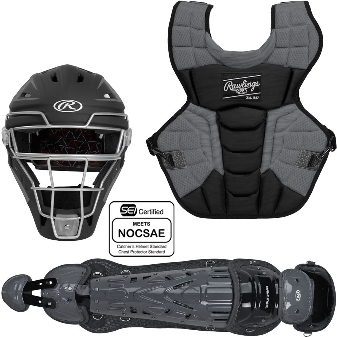 Rawlings Velo 2.0 intermediate catcher's set: helmet, chest protector and leg guards in black and grey (Play Baseball product photo)